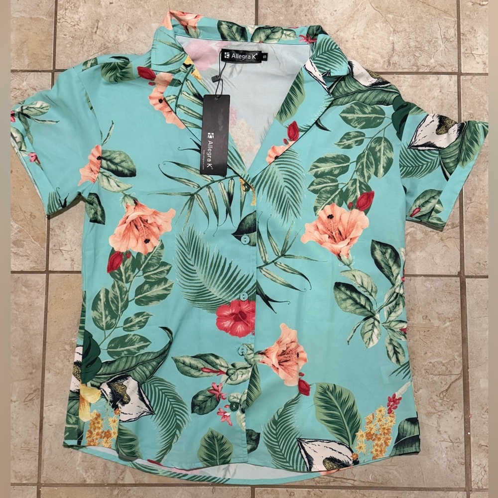 Allegra K Tropical Floral Button Front Short Sleeve Shirt